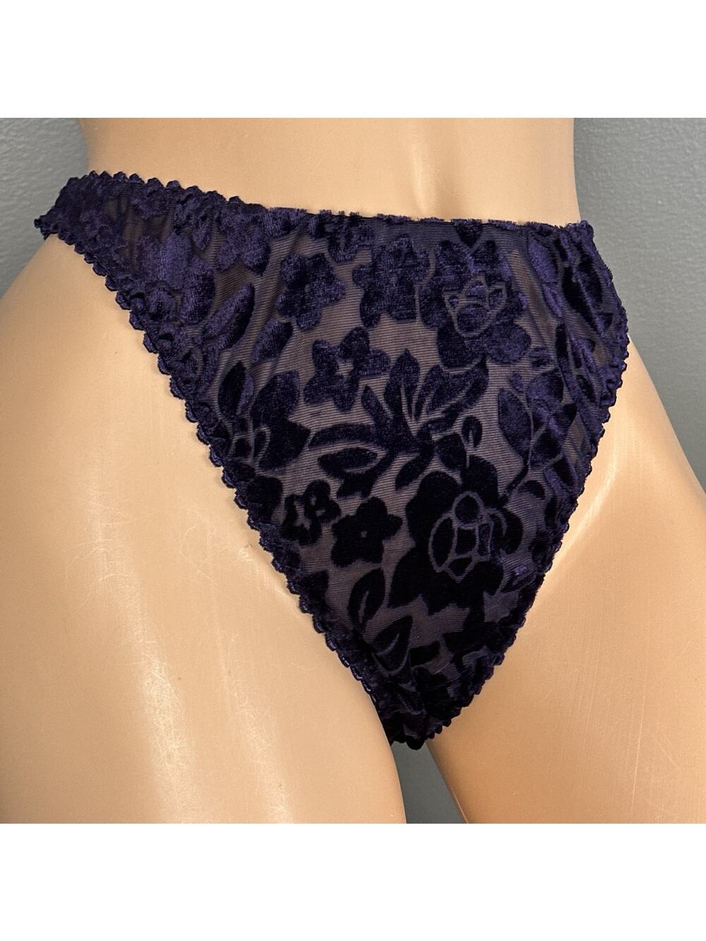 Vintage Burnout Velvet Floral Thong Panty Size XL 8 Sheer Mesh Purple High Cut